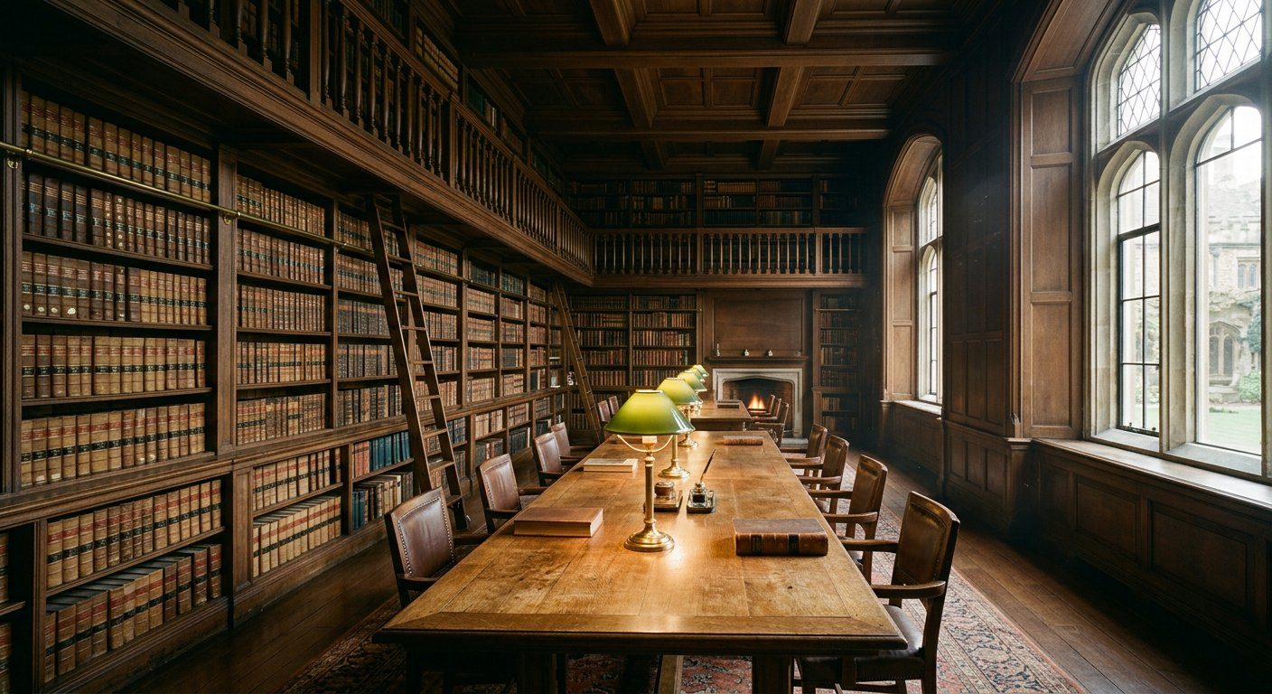 The partners' reading room at Unter den Linden 21, Berlin — walnut shelves, brass lamps and morning light