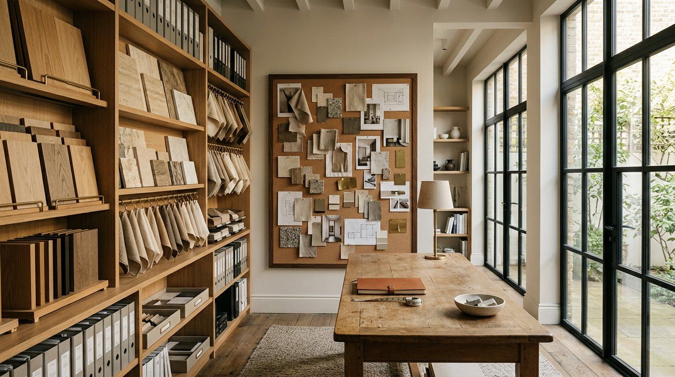 The studio's material library — oak samples, stone tiles and linen swatches on warm shelving
