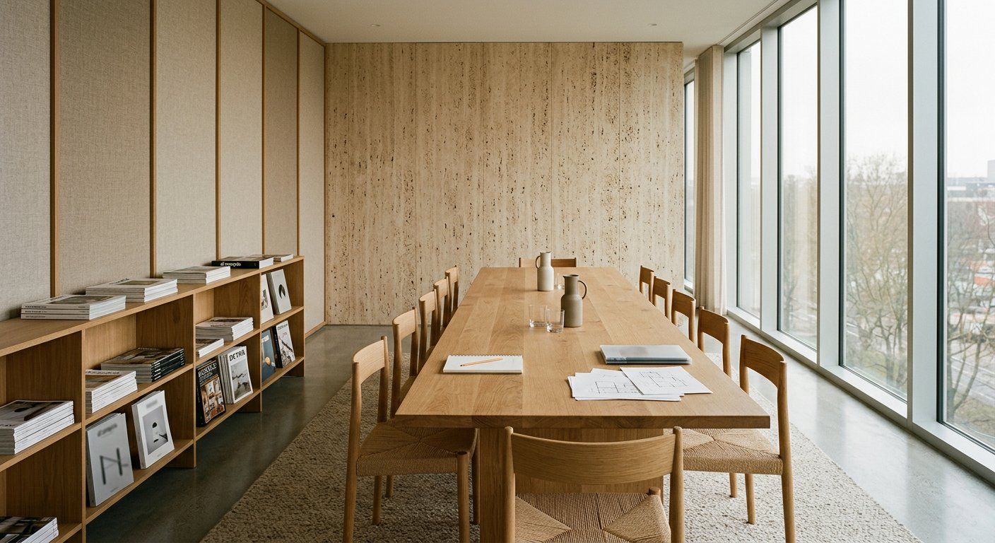 Büro Fels meeting room with linen acoustic panels and a long oak table
