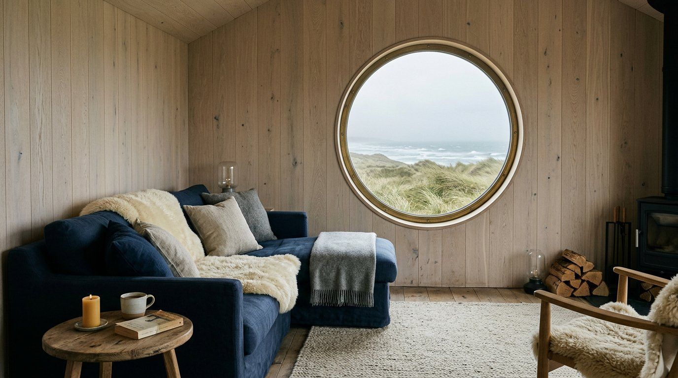 Dünenhaus Sylt living room in pale oak with navy linen sofa and round window