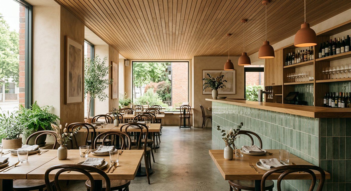 Kantine Neun restaurant interior with timber ceiling slats and sage green tiles
