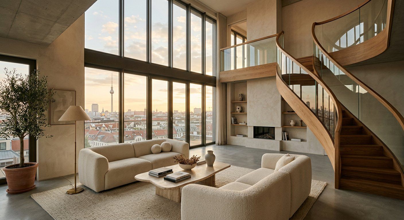 Penthouse living room with a sculptural oak staircase and double-height ceiling