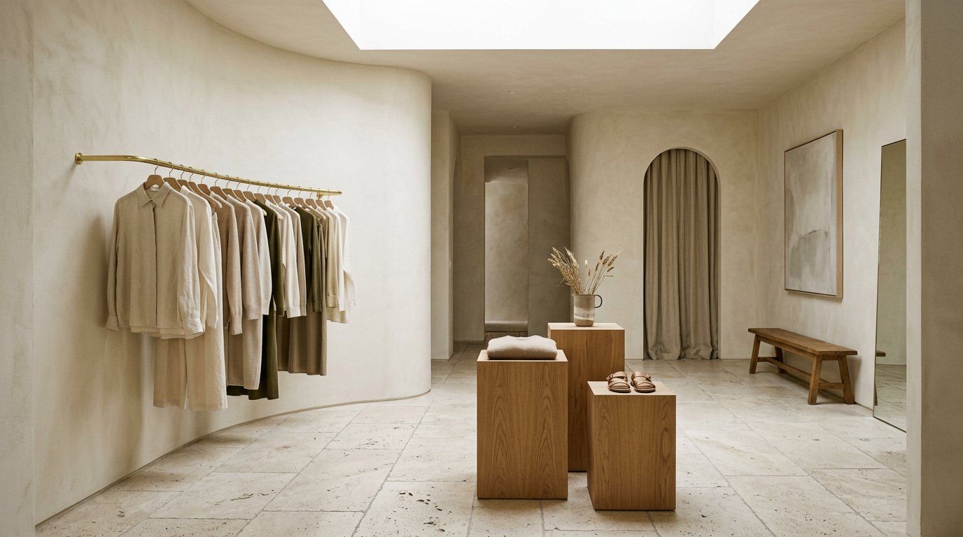 Gallery-like interior of the Atelier Lotta fashion boutique with oak plinths and soft skylight