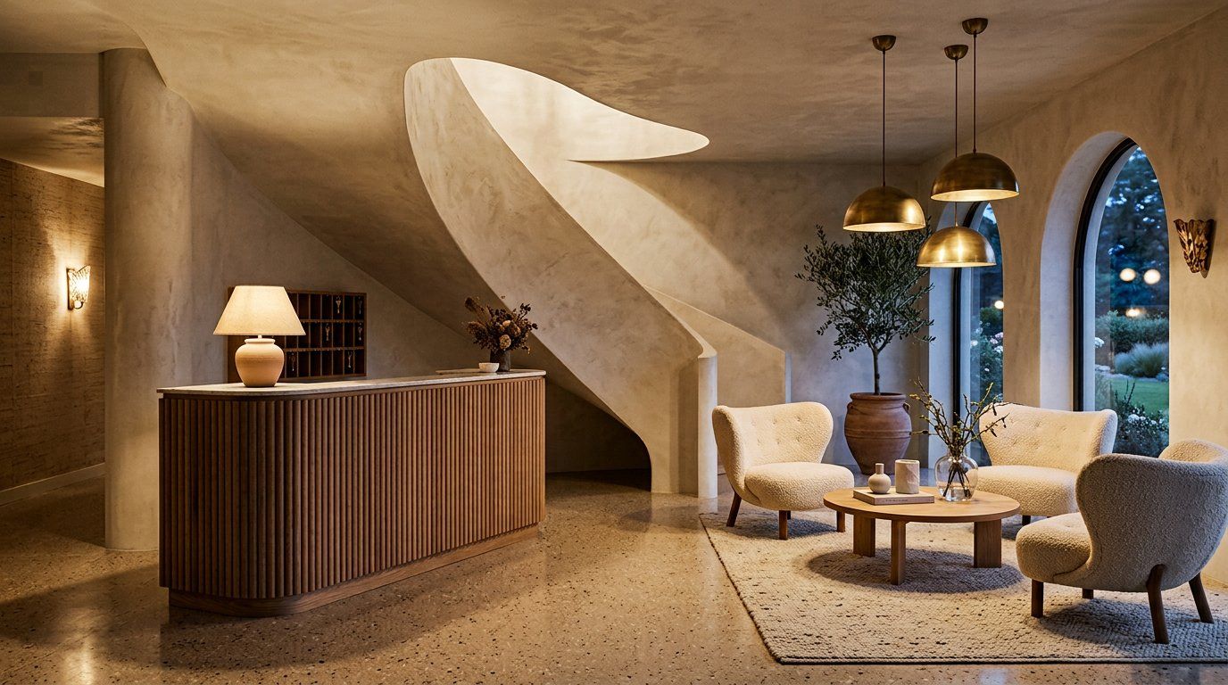 Fluted oak reception desk in the Hotel Ostlicht lobby with bouclé lounge chairs and brass pendants