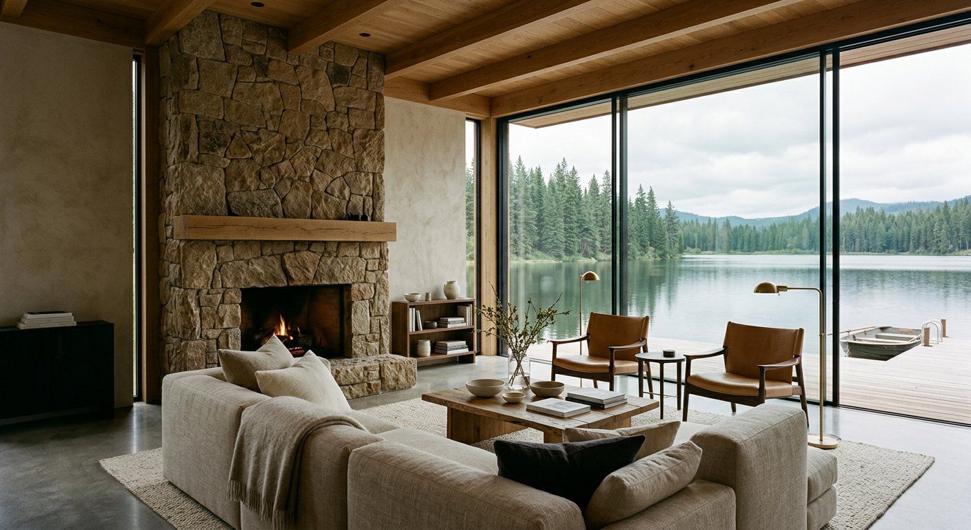 Villa Waldsee living room with a stone fireplace, linen sofa and floor-to-ceiling glass facing the lake