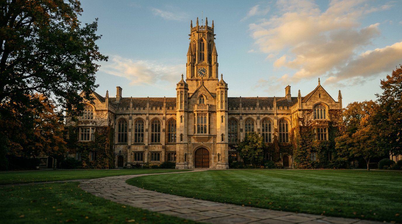 The historic stone facade of Aurelian University at golden hour