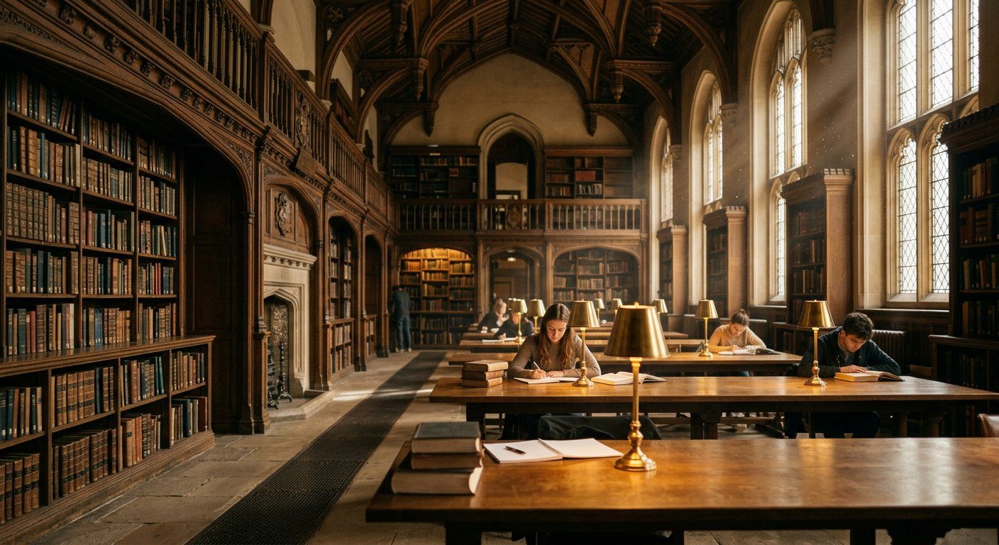 The vaulted reading room of the Aurelian Library, warm with lamplight