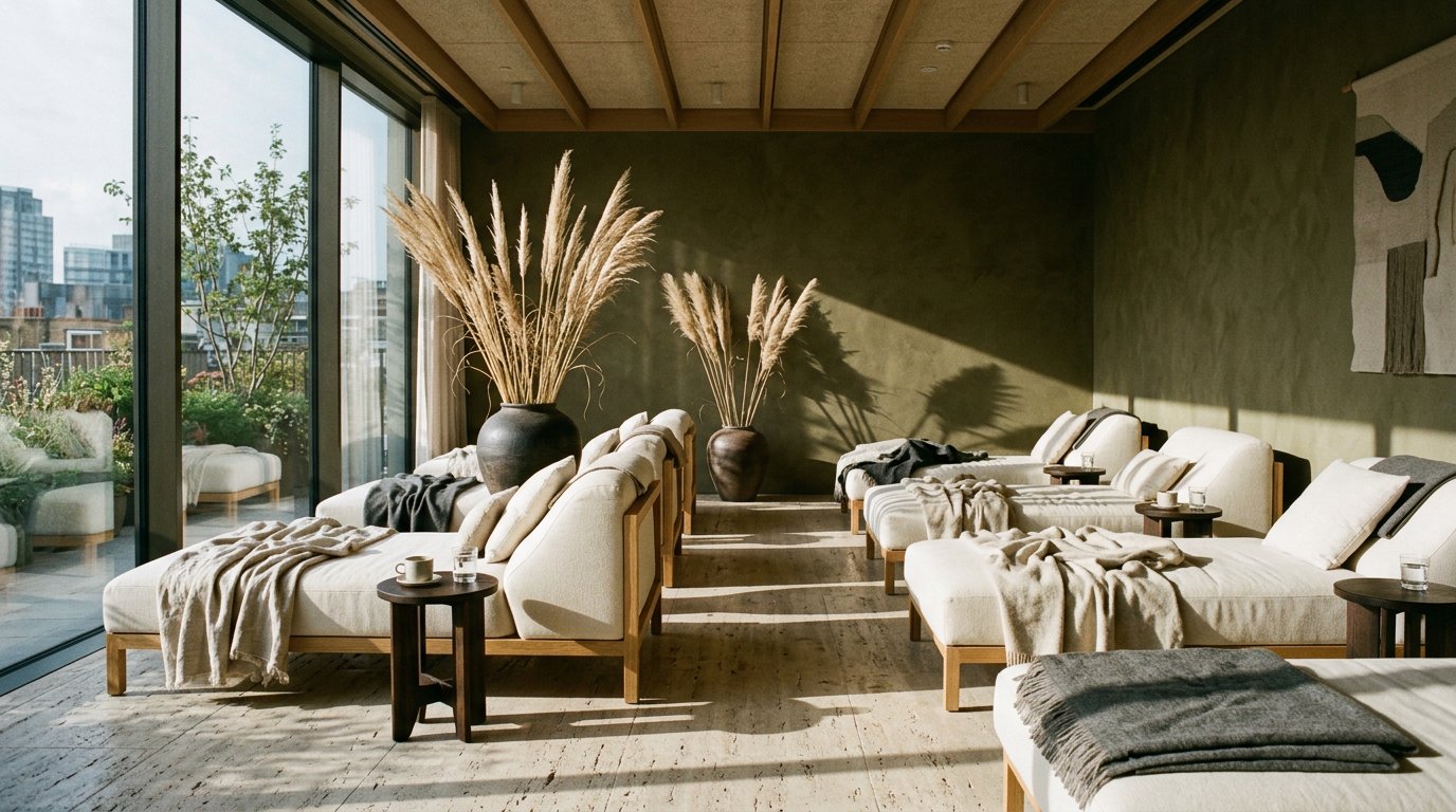 Sunlit rest lounge with linen daybeds