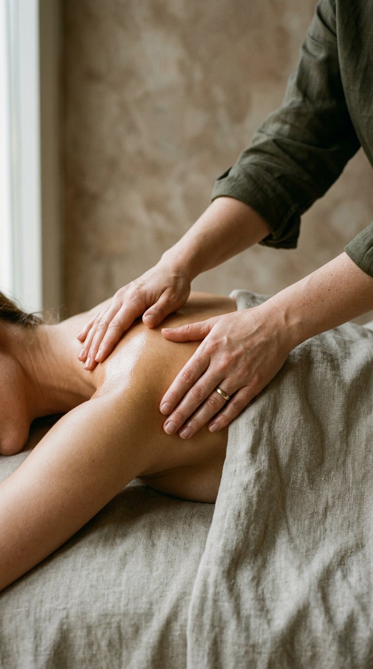 Therapist performing a restorative shoulder massage