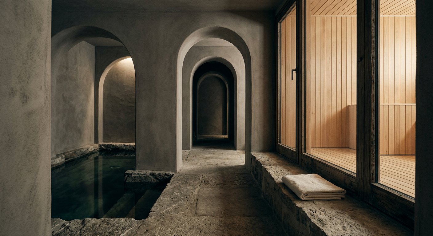 Mineral plunge pool framed by sculptural arches