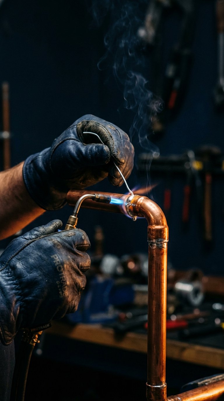 A Copperline technician soldering a gleaming copper pipe elbow joint