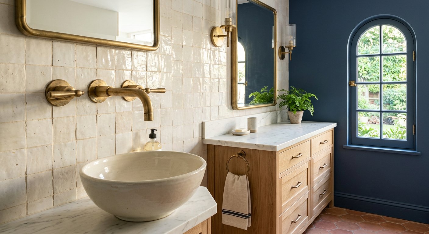 Brushed brass wall-mounted faucet in a renovated Irvington bathroom