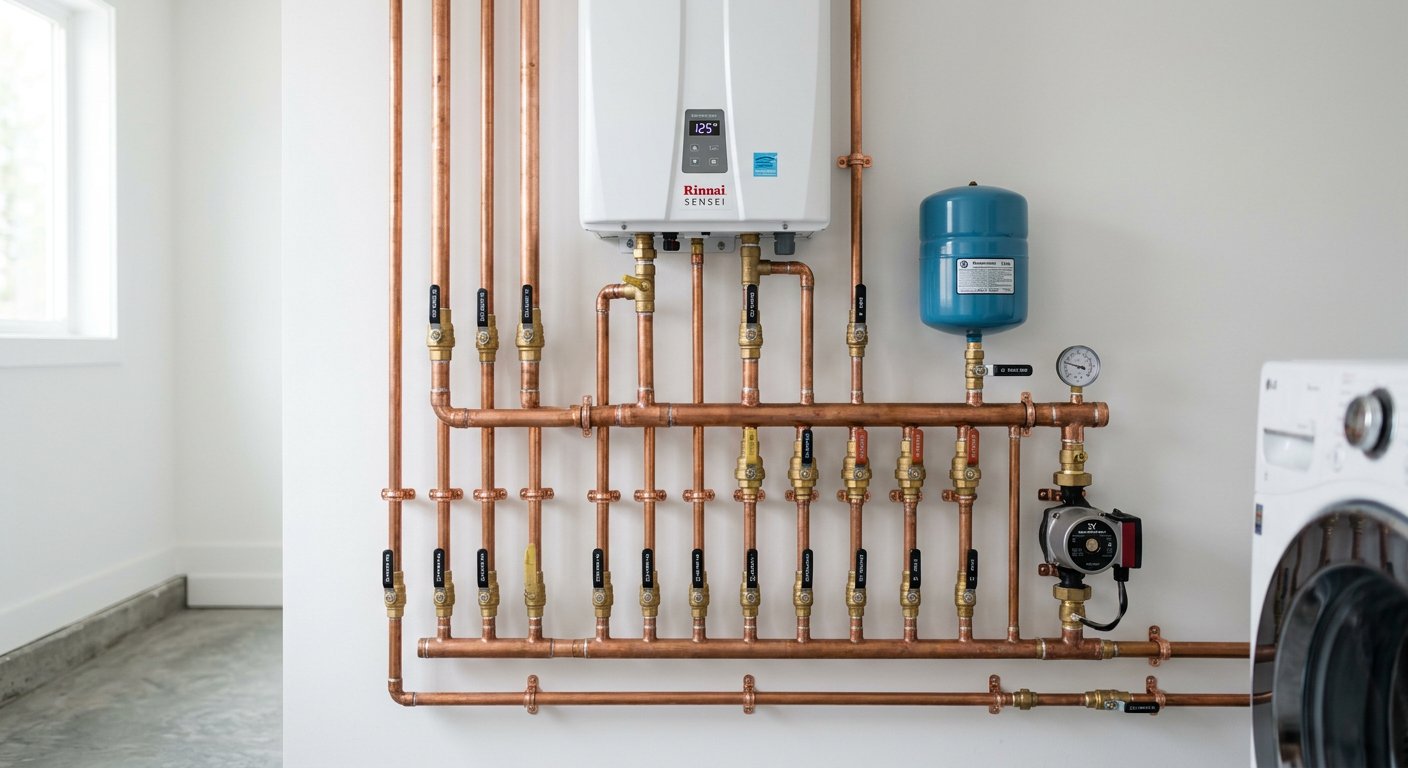 A tankless water heater with a neat copper pipe manifold installed by Copperline