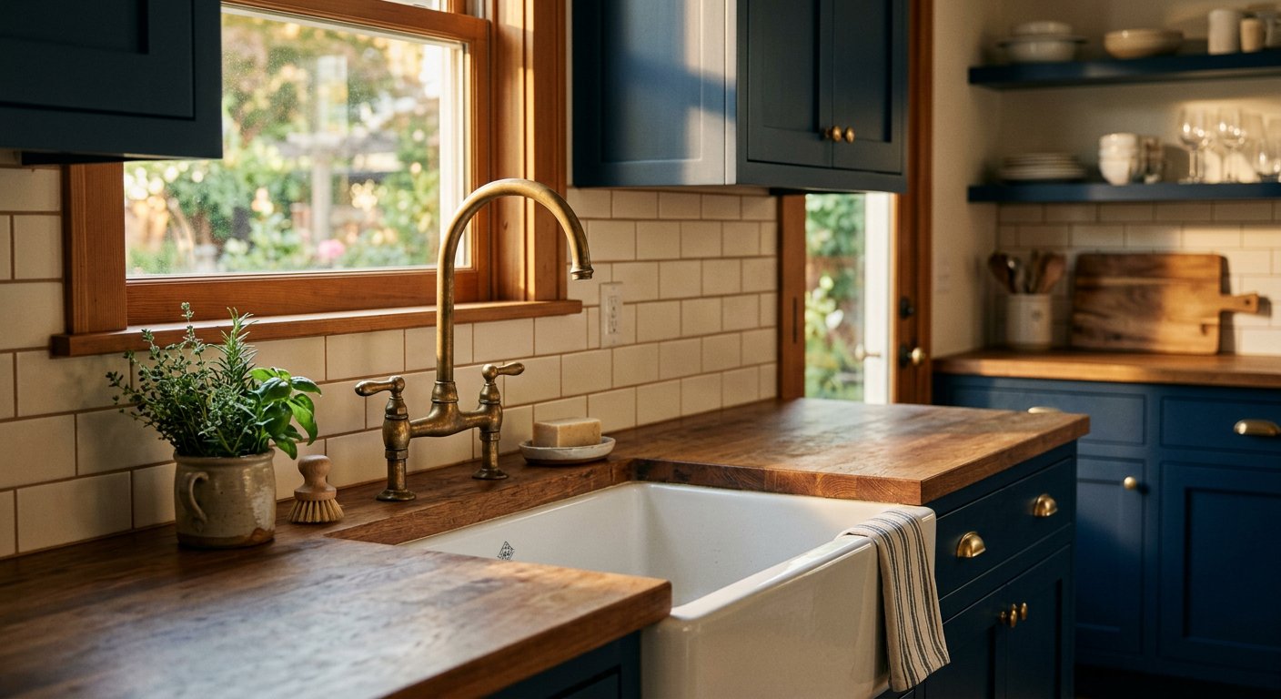 Unlacquered brass bridge faucet over a farmhouse sink in an Alberta Arts kitchen