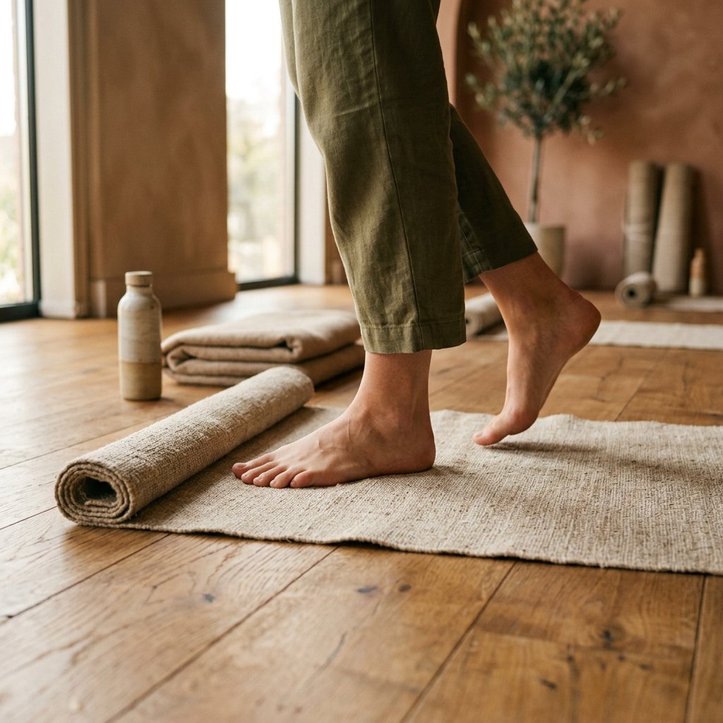Bare feet stepping onto a linen yoga mat