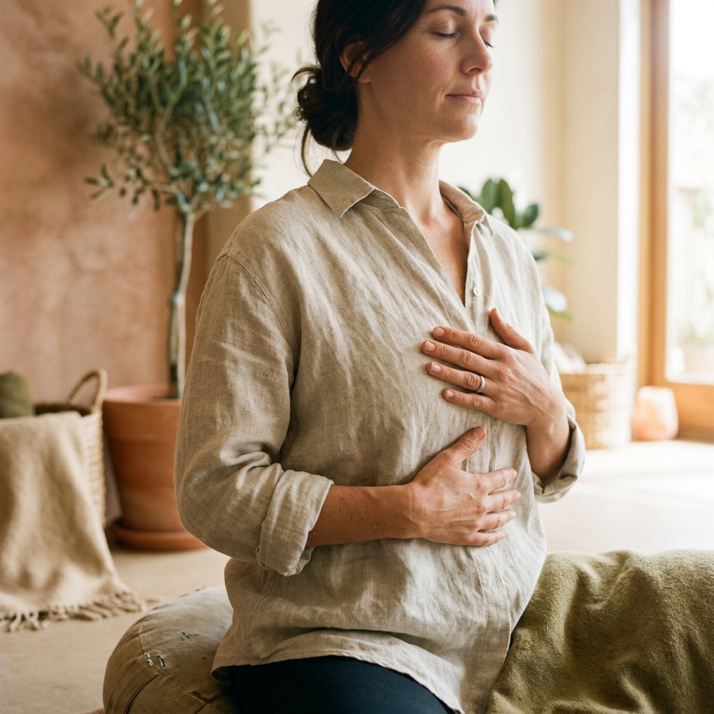 Hands resting on the ribcage during a breath practice