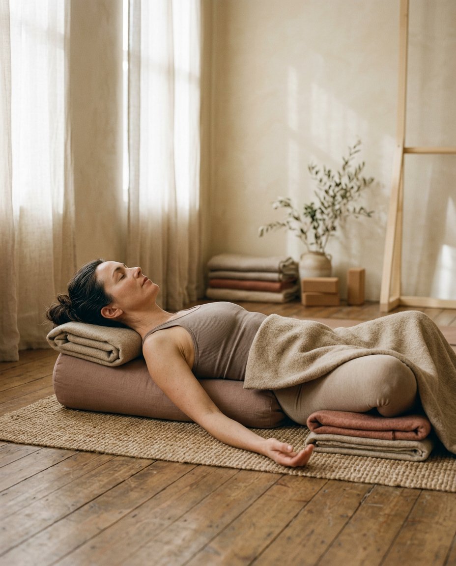 A student resting comfortably on a yoga bolster