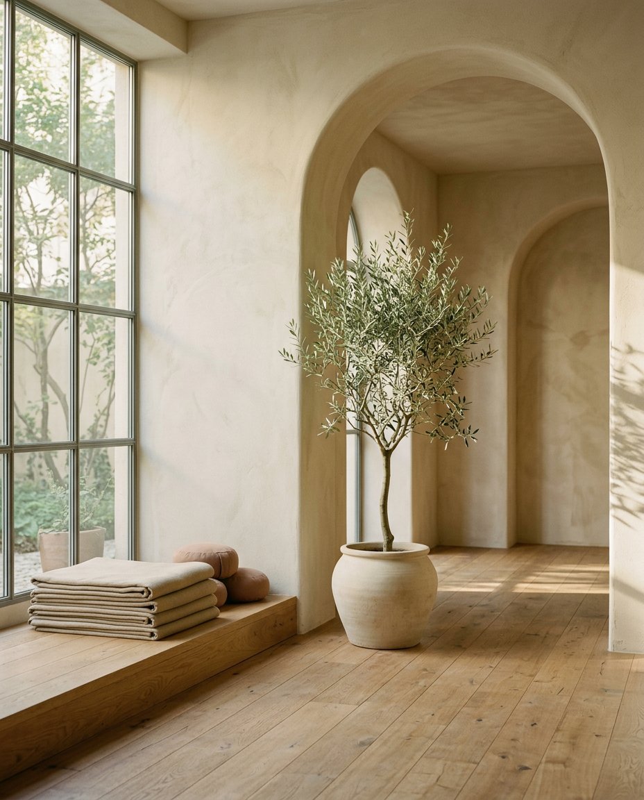 Warm, sunlit interior of the Eila yoga studio with mats and an olive tree