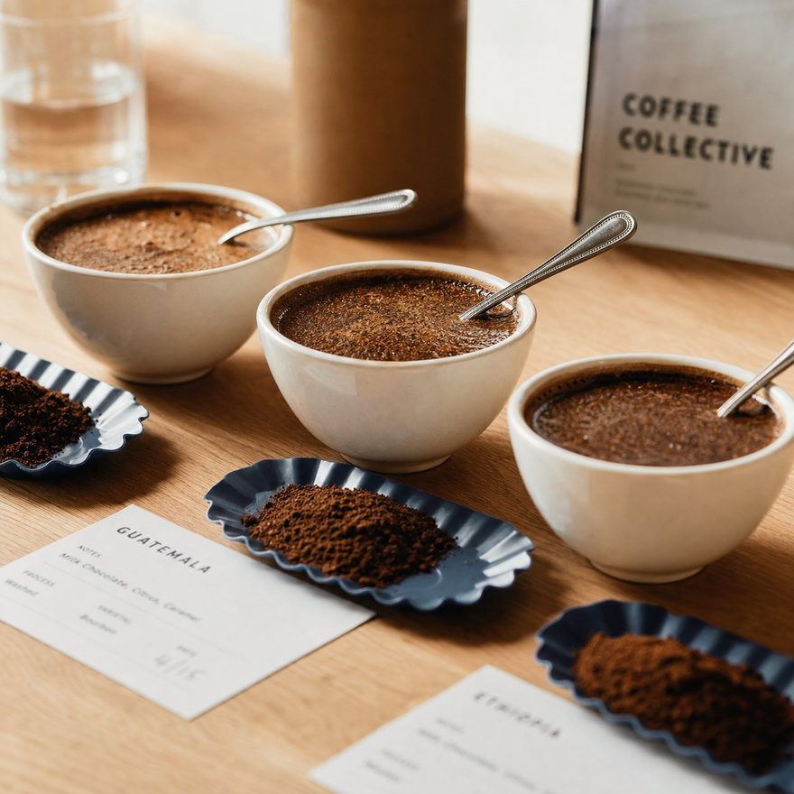 Coffee cupping bowls and spoons on the roastery tasting table