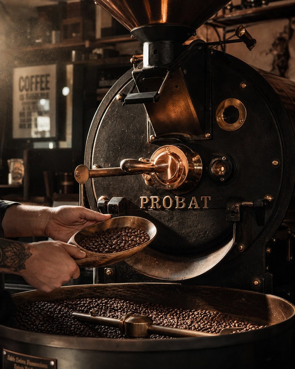 Freshly roasted coffee beans in a wooden scoop at the roastery