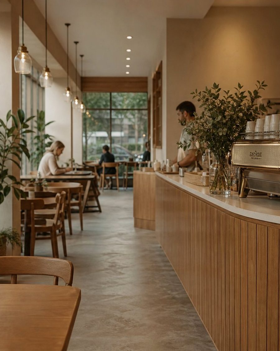 The Ember and Oak café interior on a quiet morning