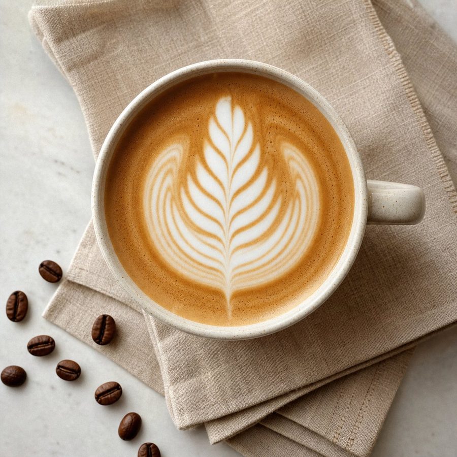 Top-down view of a rosetta latte art pattern