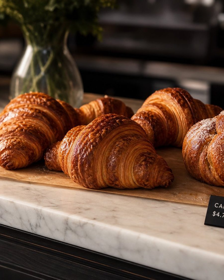 Fresh croissants and a cardamom bun on the café counter