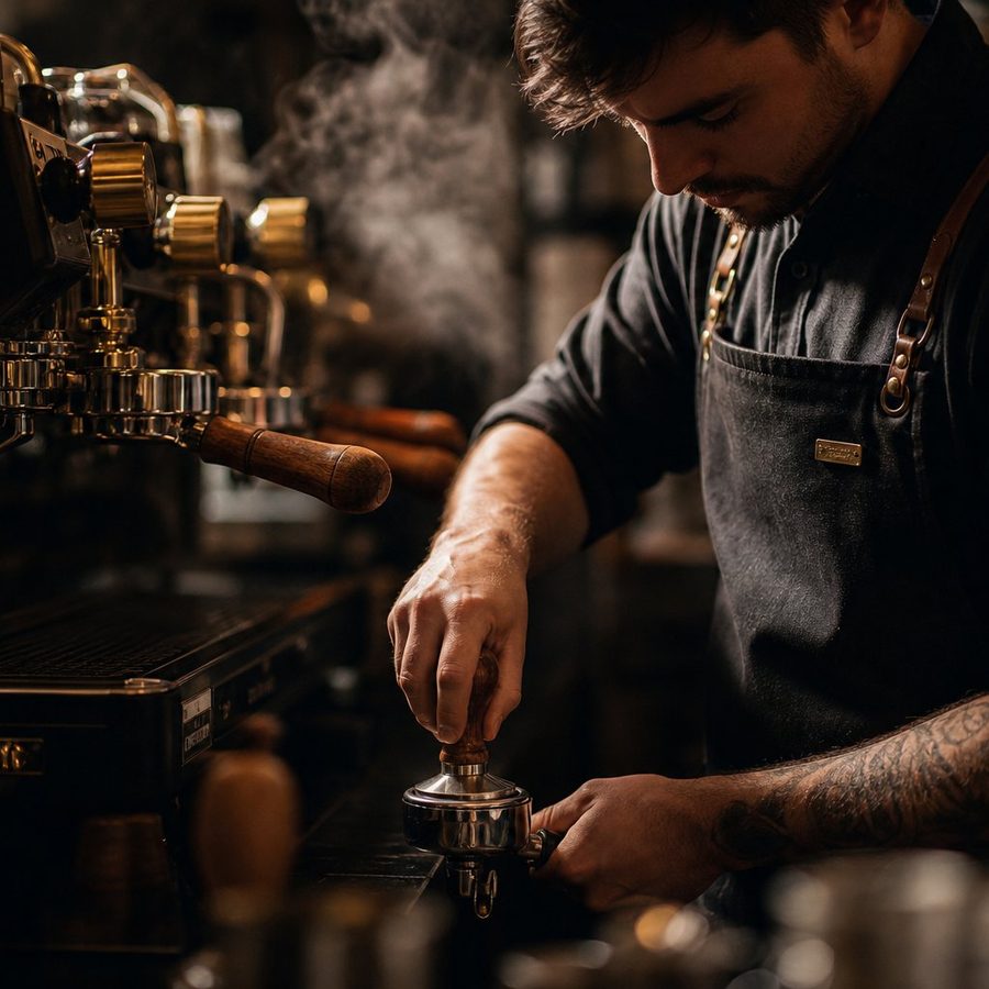 Barista tamping ground coffee at the espresso machine
