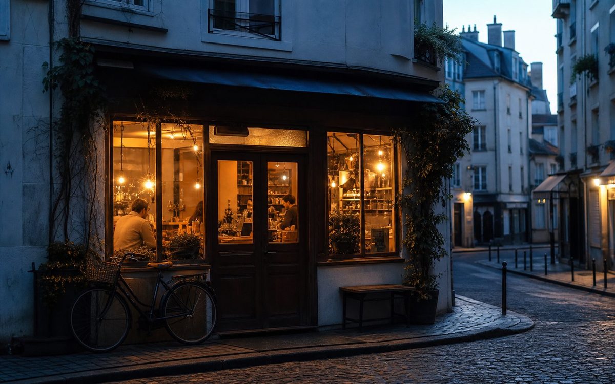 The café storefront glowing at dusk
