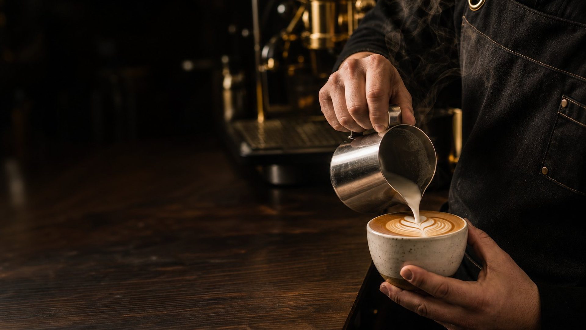 Barista pouring latte art into a cream ceramic cup at the Ember and Oak espresso bar
