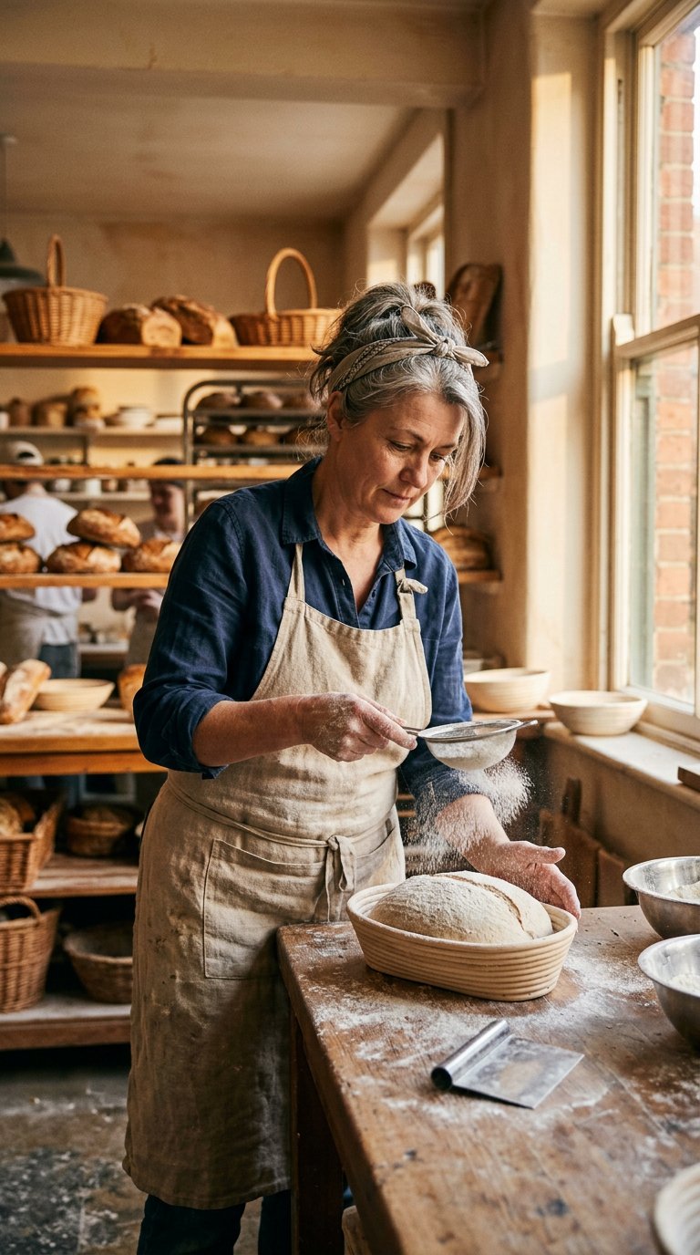 A baker in a linen apron dusting flour over shaped dough on a wooden bench in morning light