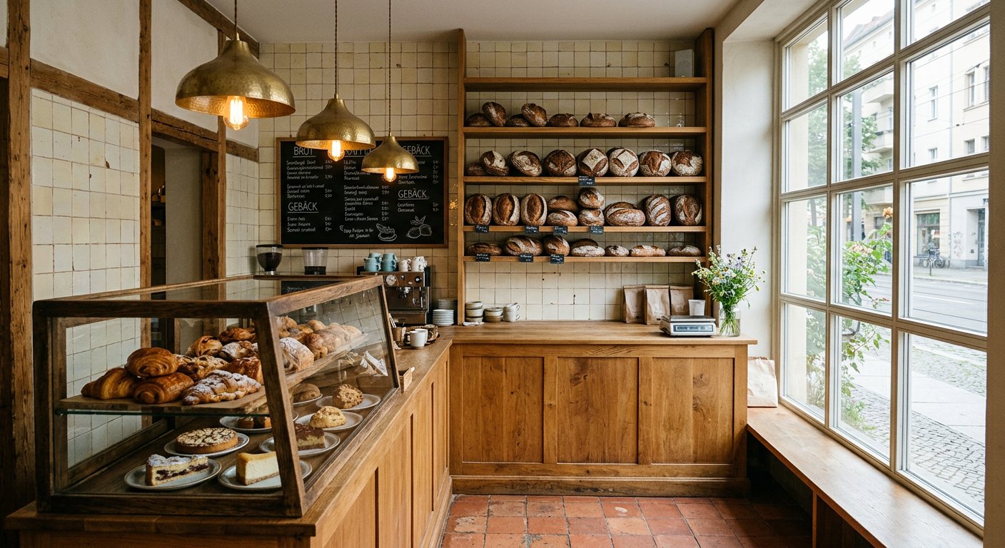 The warm interior of the bakery: wooden shelves stacked with loaves behind a pastry counter