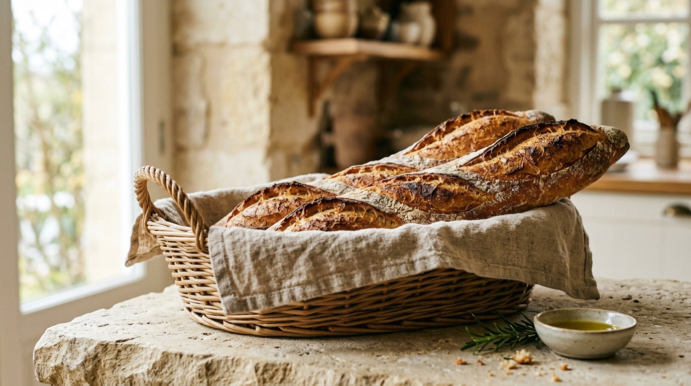 Two golden baguettes with diagonal scoring in a linen-lined wicker basket