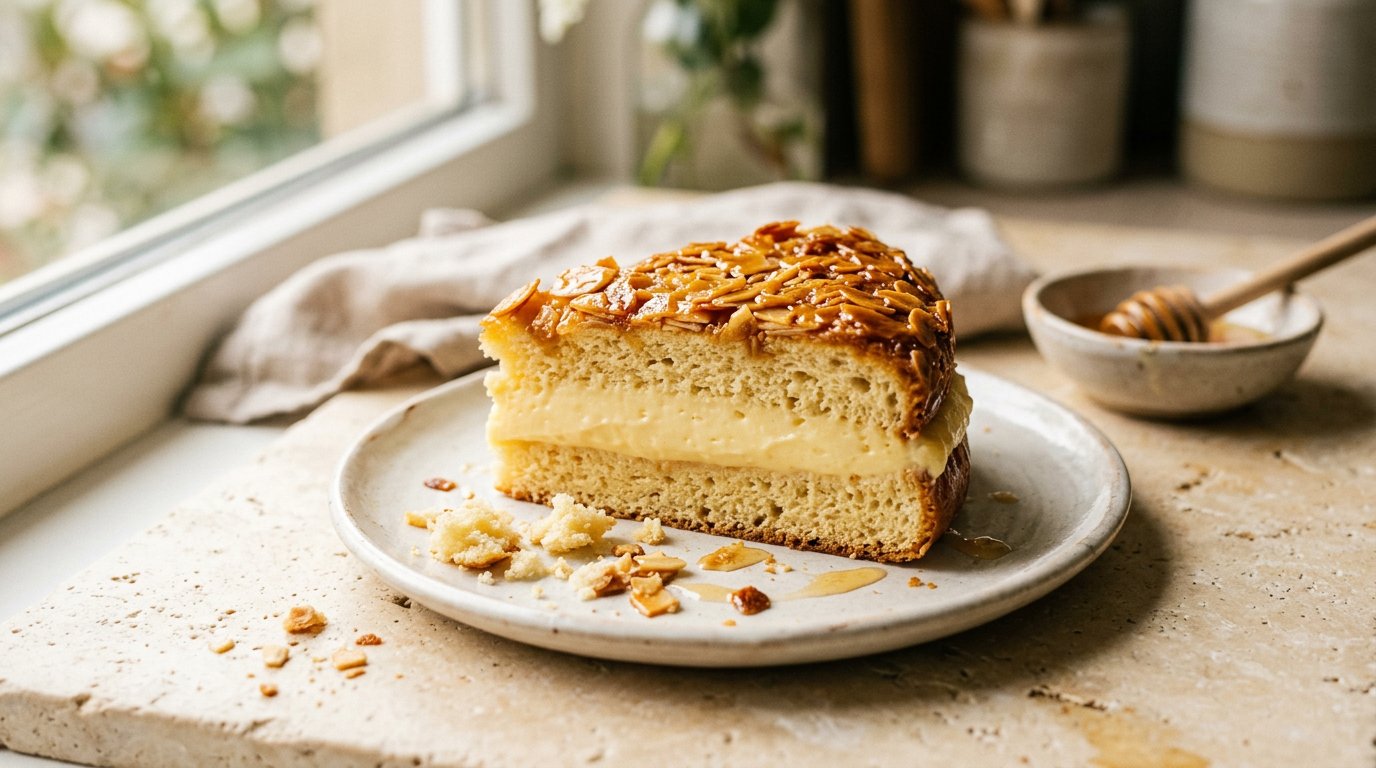 A slice of bee sting cake with a caramelised honey-almond top and vanilla cream filling