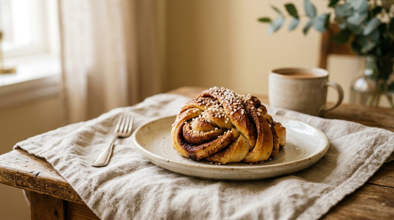 A twisted cinnamon knot with pearl sugar on a cream ceramic plate