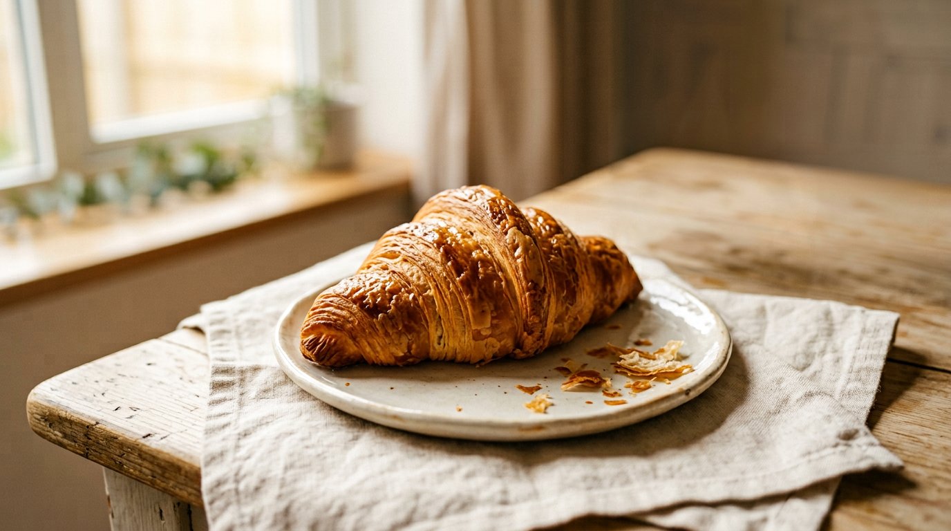 A butter croissant with glossy, flaky golden layers on a cream plate
