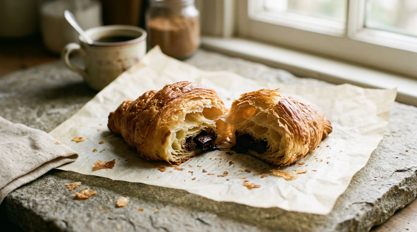 A pain au chocolat torn open to show dark chocolate batons inside golden laminated layers