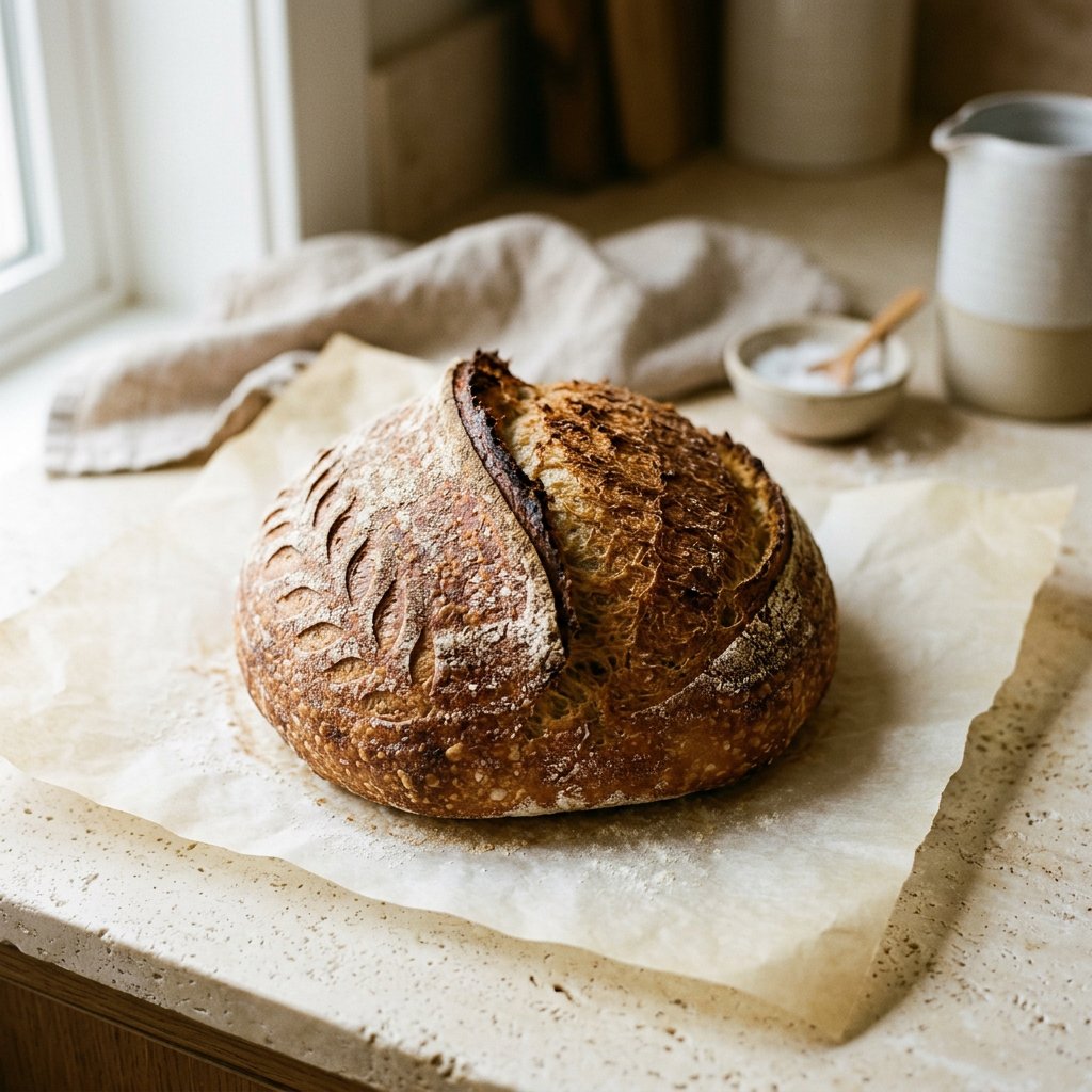 A round country sourdough loaf with an open, caramelised scored crust