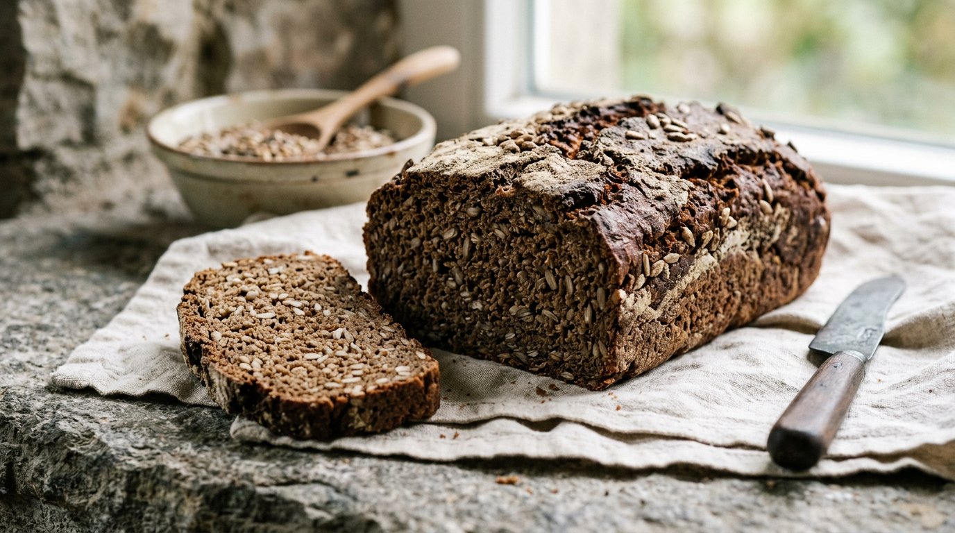 A dark wholegrain rye loaf, sliced to show a tight crumb with sunflower seeds