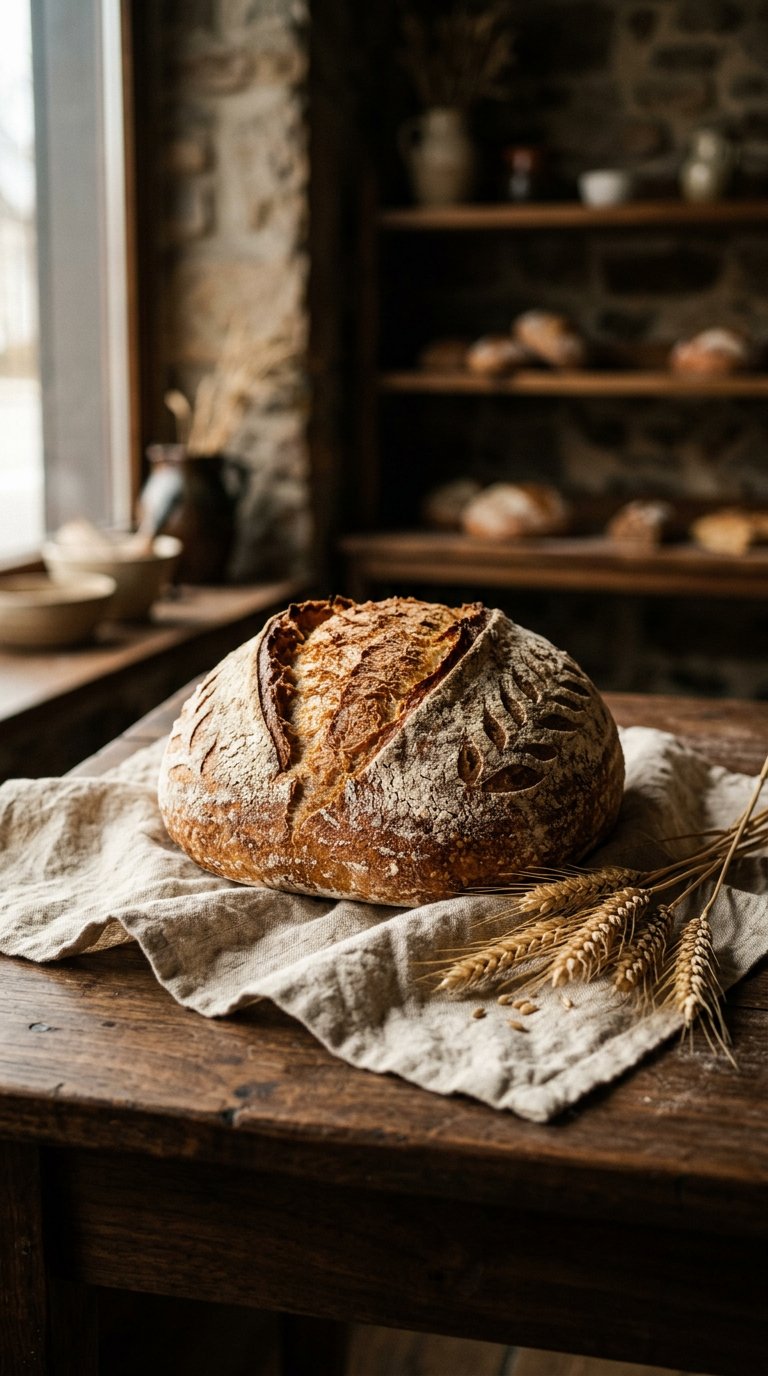 A country sourdough boule with a scored, caramelised crust resting on floured linen in warm window light