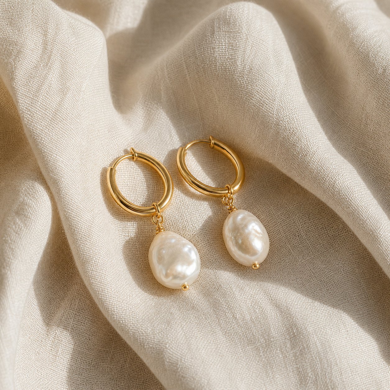 Gold hoop earrings with pearl charms