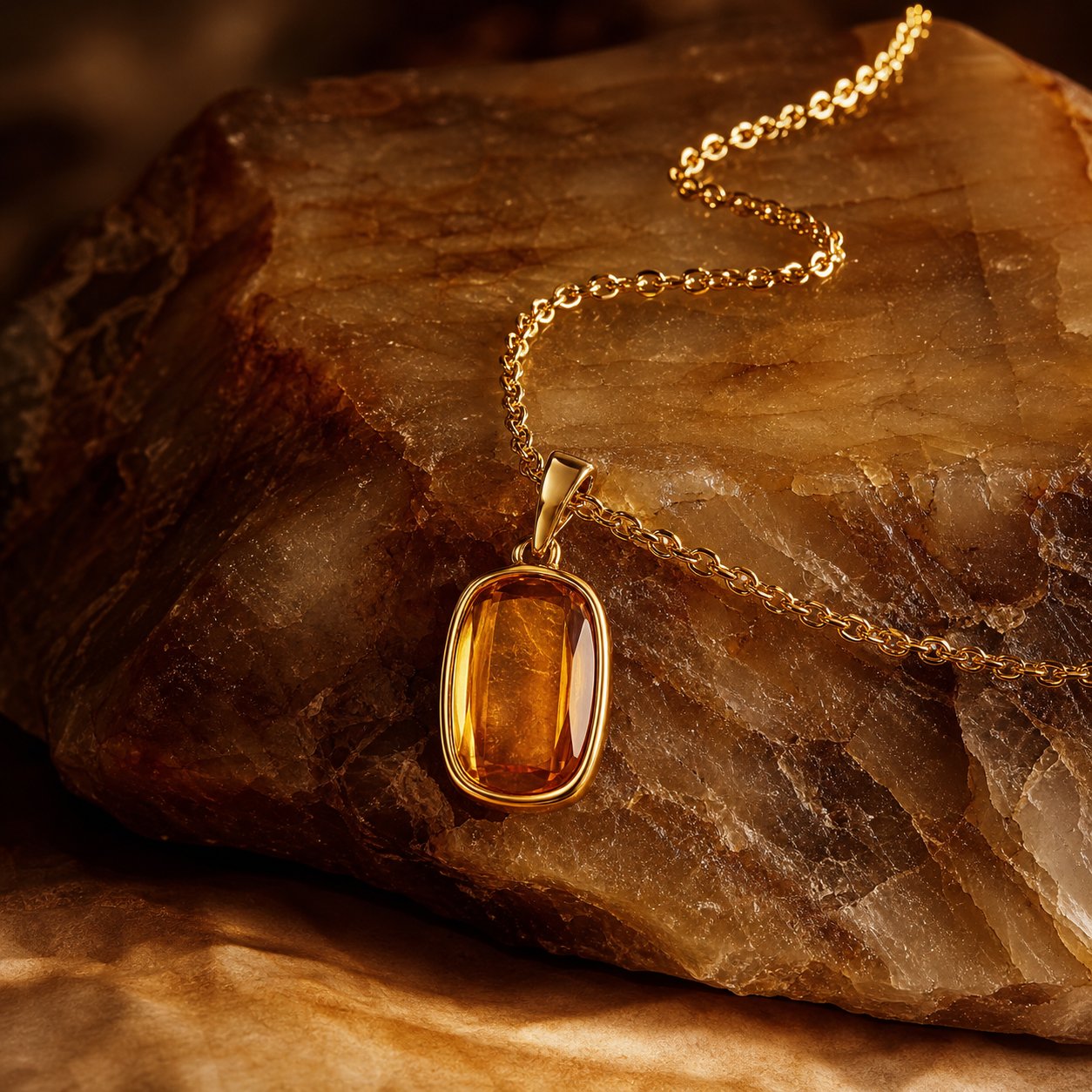Gold pendant necklace on amber stone