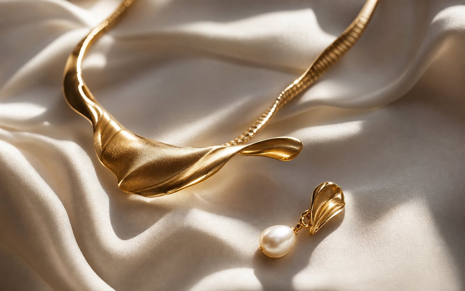 Gold and pearl jewelry arranged on ivory silk