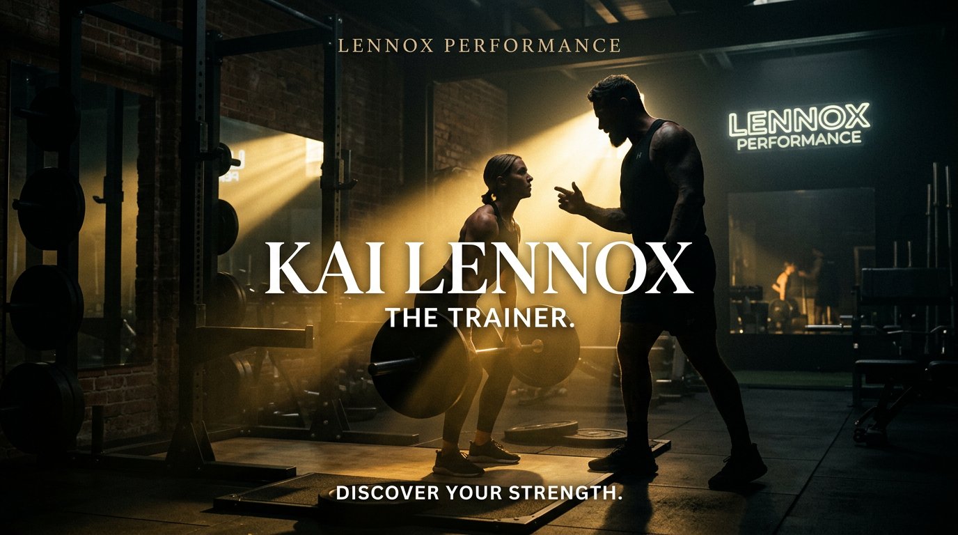 Cinematic still from Kai Lennox film: Powerful coach in luxury gym