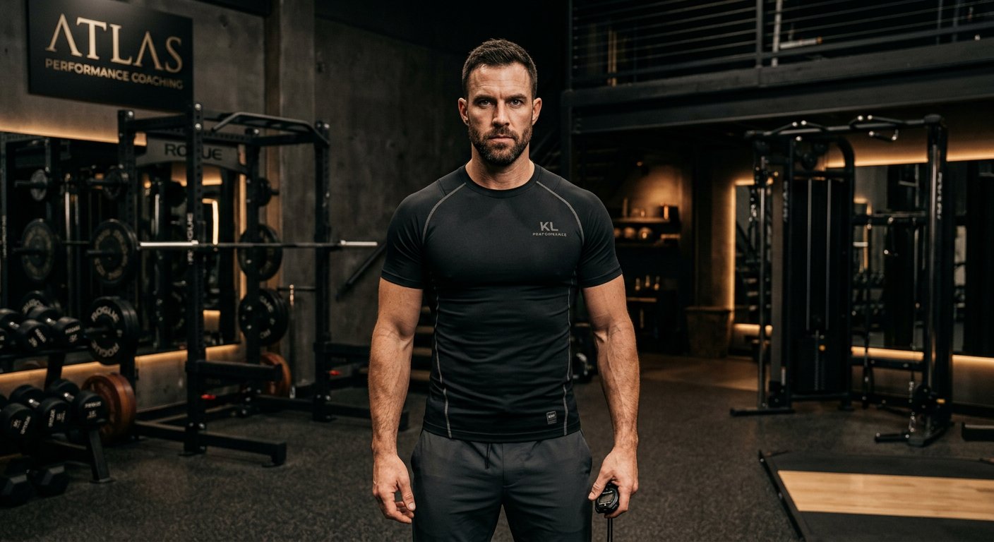 Kai Lennox — Elite Performance Coach. Powerful portrait in a premium dark luxury gym.