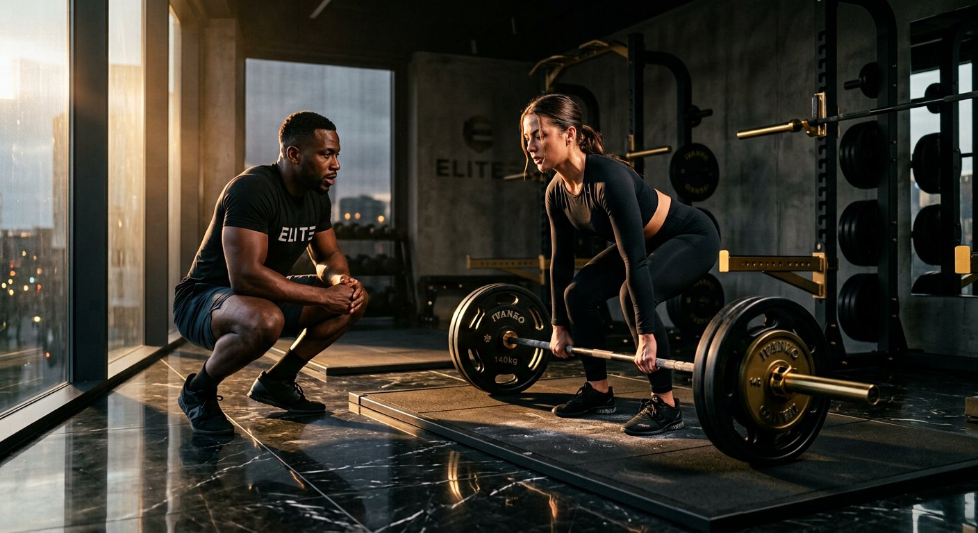 Kai Lennox coaching elite performance client performing a deadlift in a luxury gym