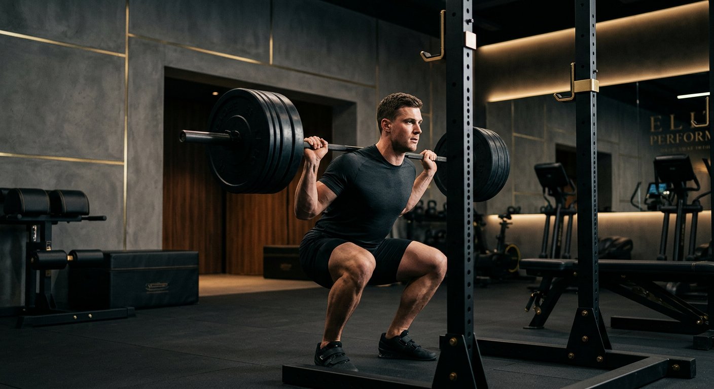 Athletic client performing heavy squats in a luxury high-end gym