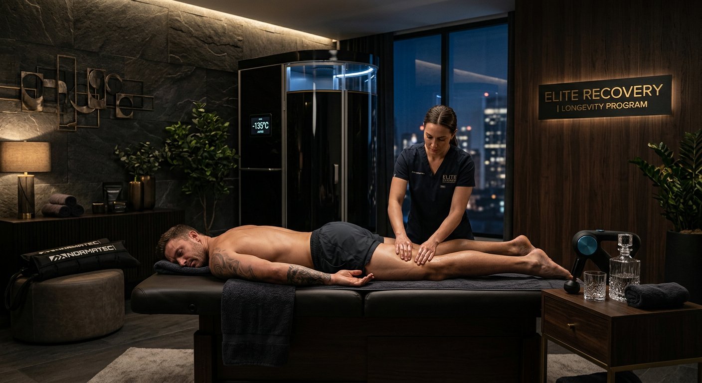 Premium elite recovery and longevity coaching session in a high-end wellness space