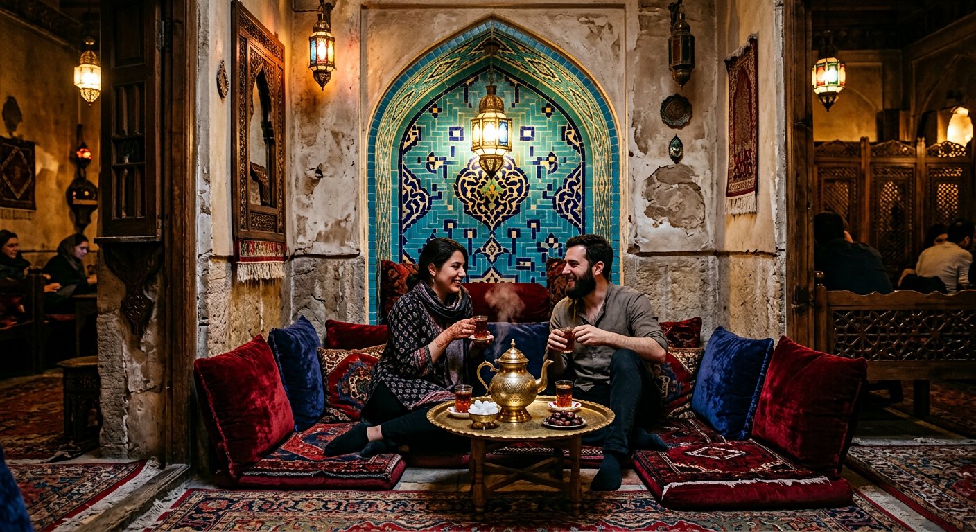حجرهٔ دنج با طاقچهٔ کاشی‌کاری و پشتی‌های سرمه‌ای