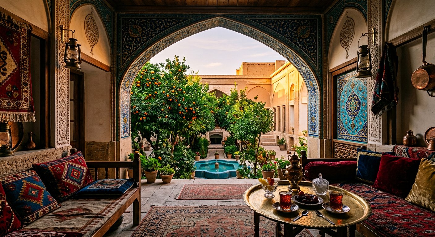 ایوان رو به نارنجستان با نورِ بعدازظهر و میزهای برنجی